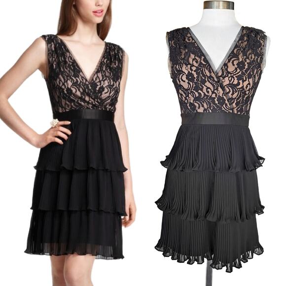 NEW BCBG Paris Black Lace Pleated Chiffon Mini Dress Size 4 Cocktail Party - Picture 1 of 11